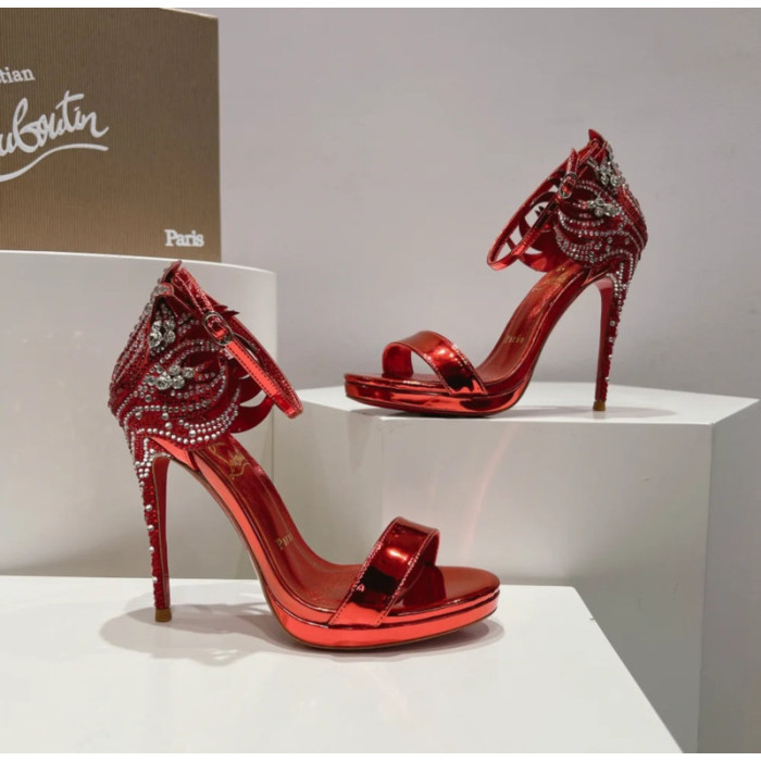 Christian Louboutin Red Metallic Patent Crystal 120mm Platform Heel Sandals