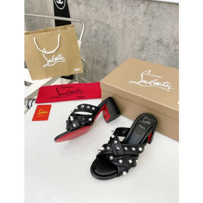 Christian Louboutin Black Leather Studded 55mm heel Slide Sandals