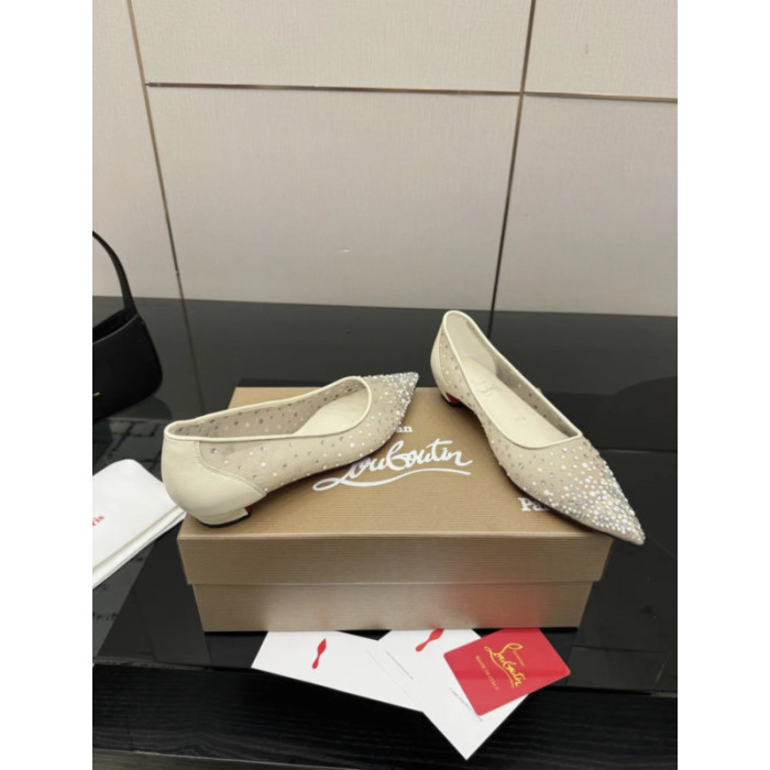 Christian Louboutin Beige Mesh Crystal Pearl Pointed‑Toe Flat Pumps