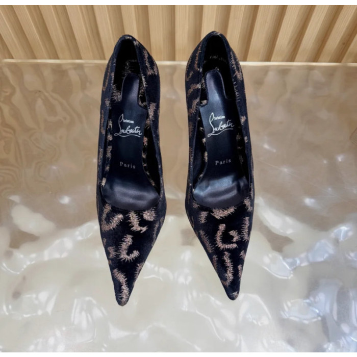 Christian Louboutin Black Velvet Gold‑Leopard Print Pointed‑Toe 120mm Stiletto High Heel Pumps