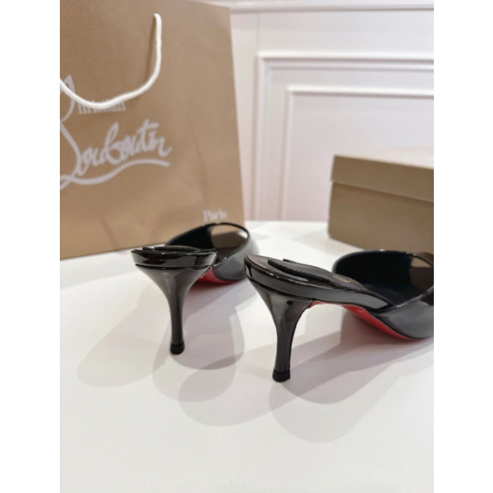 Christian Louboutin Black Patent Peep‑Toe Stiletto Heel Mules