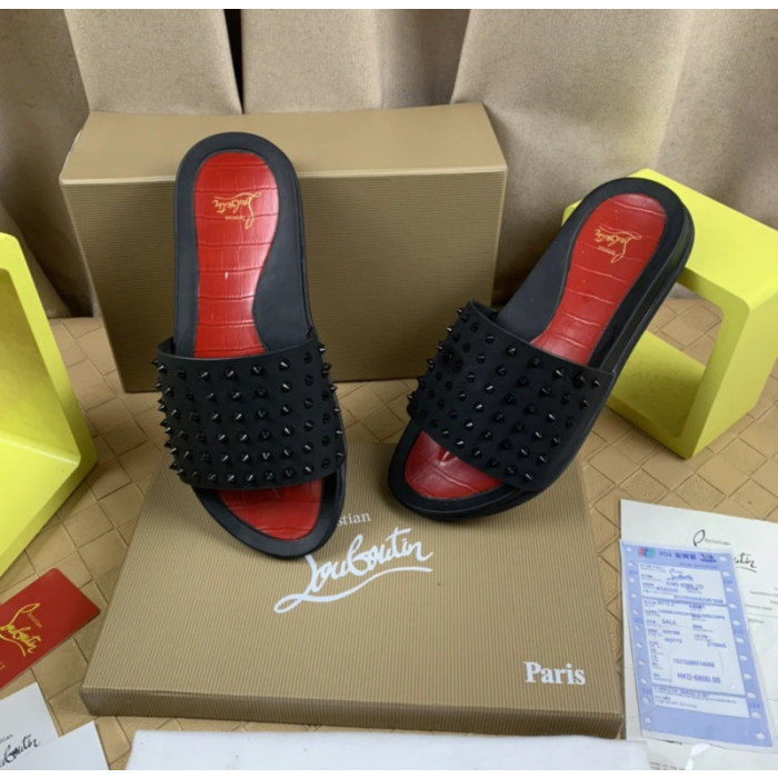 Christian Louboutin Black Spiked Slide Sandals Red Croc‑Embossed Footbed