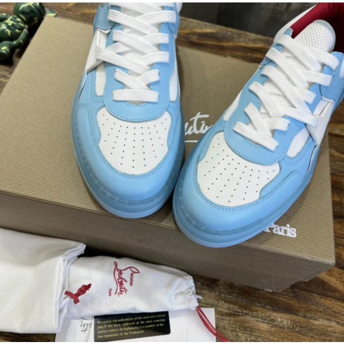 Christian Louboutin Light‑Blue‑White Spiked Platform Low‑Top Sneakers