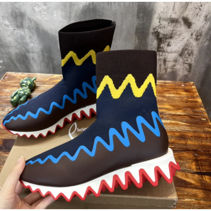 Christian Louboutin Colorful Zig‑Zag Knit Sock Ankle Boots Serrated Sole