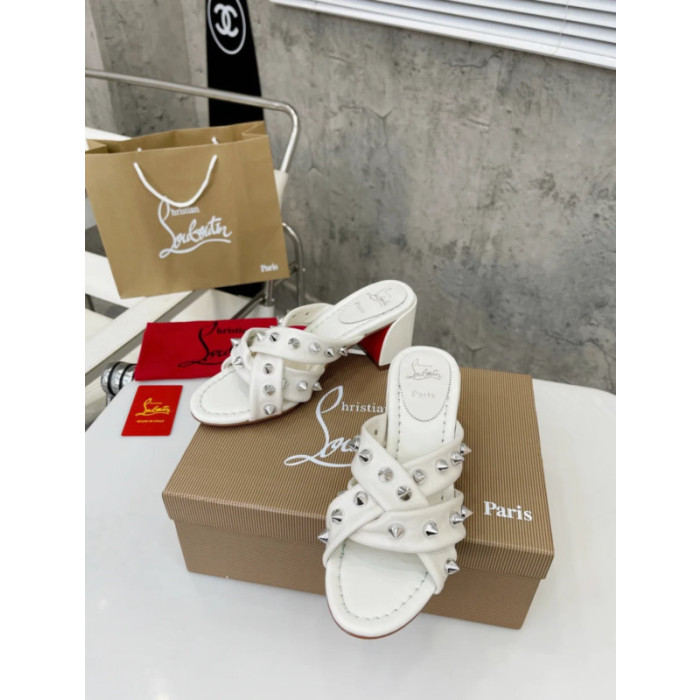 Christian Louboutin White Leather Studded 55mm heel Slide Sandals