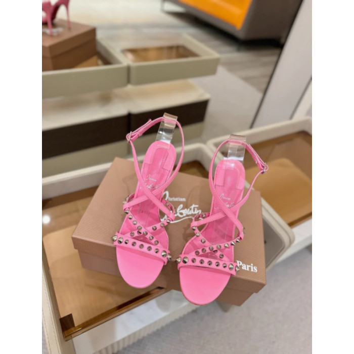 Christian Louboutin Bright Pink Leather Studded Crisscross Slingback High Heel Sandals 100mm heel