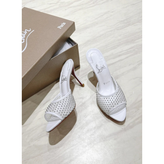 Christian Louboutin White Mesh 85mm Crystal‑Embellished Peep‑Toe Slide Stiletto Heel Mules