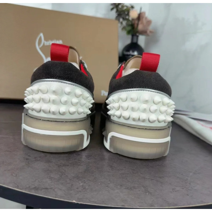 Christian Louboutin Brown‑White Suede‑Mesh Spiked Platform Lace‑Up Sneakers