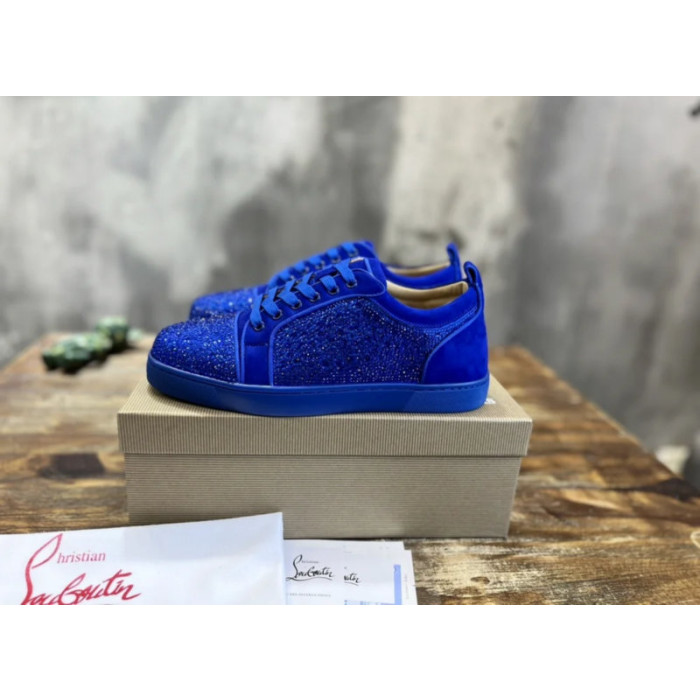 Christian Louboutin Royal Blue Suede Crystal‑Encrusted Low‑Top Sneakers