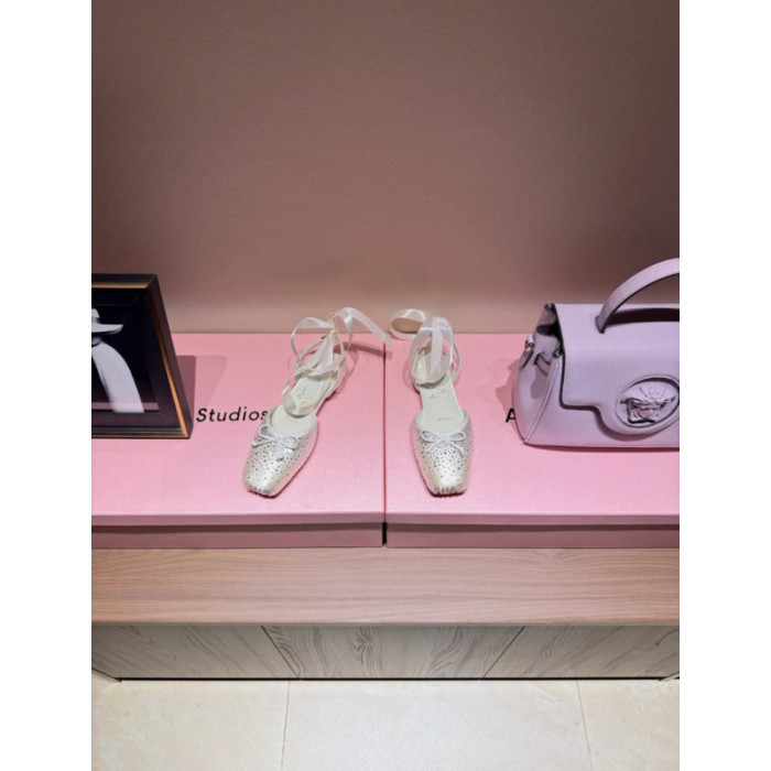 Christian Louboutin Silver Satin Crystal Tie‑Ankle Ballet Flats