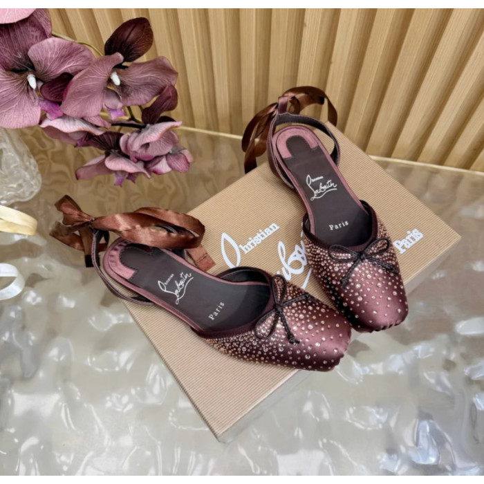 Christian Louboutin Brown Satin Crystal‑Embellished Ankle‑Tie Slingback Ballet Flats