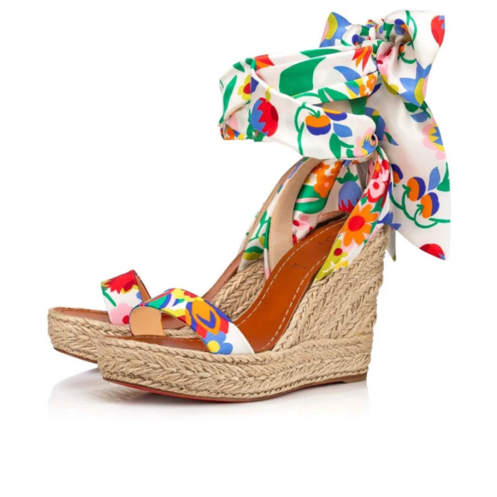 Christian Louboutin Floral Print Fabric 120mm heel Wedge Ankle‑Wrap Espadrille Sandal