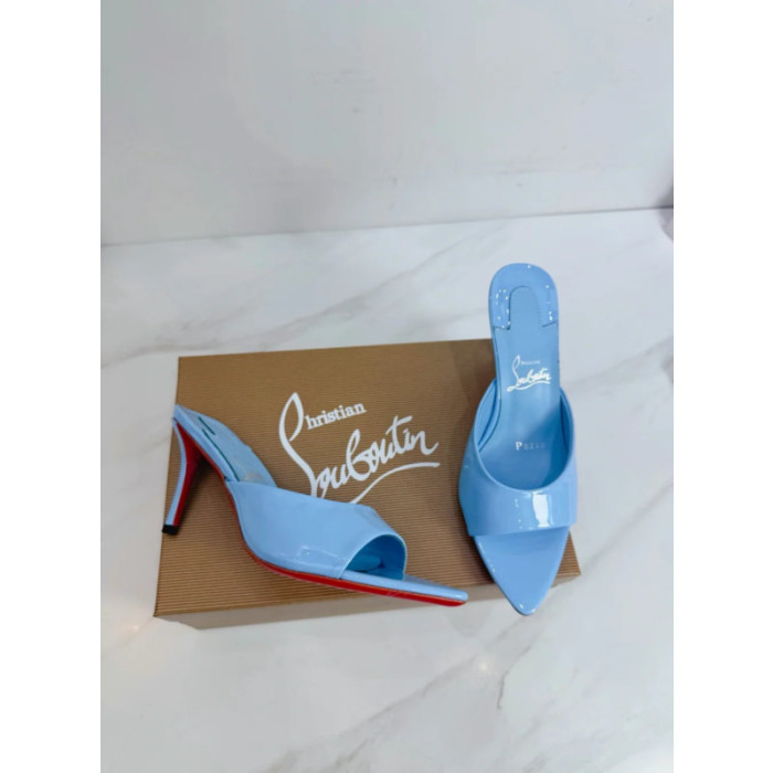 Christian Louboutin Light Blue Patent 85mm Pointed‑Toe Mule Heels