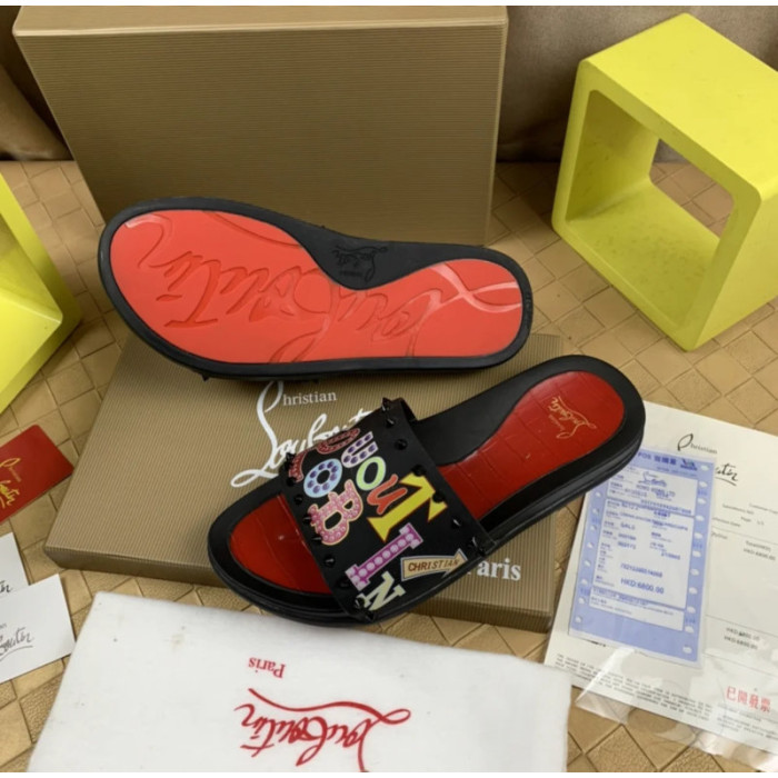 Christian Louboutin Black Cartoon‑Graffiti Spiked Slide Sandals Red Footbed