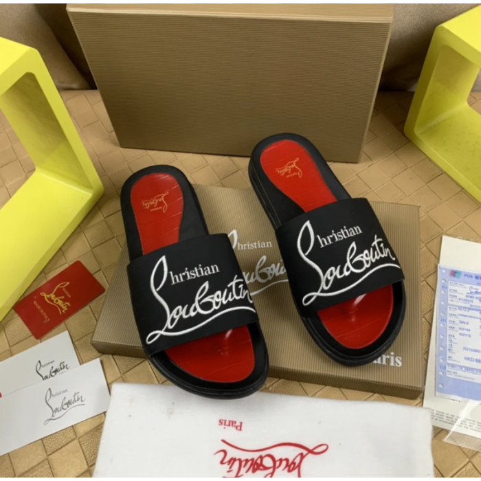 Christian Louboutin Black Rubber Slide Sandals White Signature Logo Print