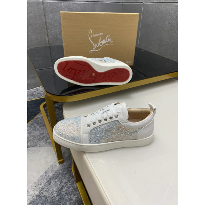 Christian Louboutin White Leather AB Crystal‑Encrusted Low‑Top Sneakers