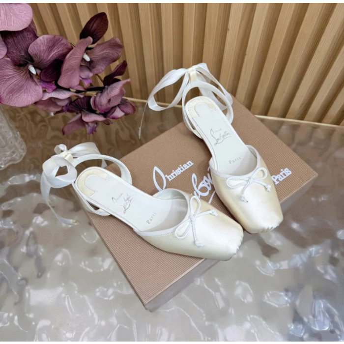 Christian Louboutin White Satin Bow Ankle‑Tie Slingback Ballet Flats