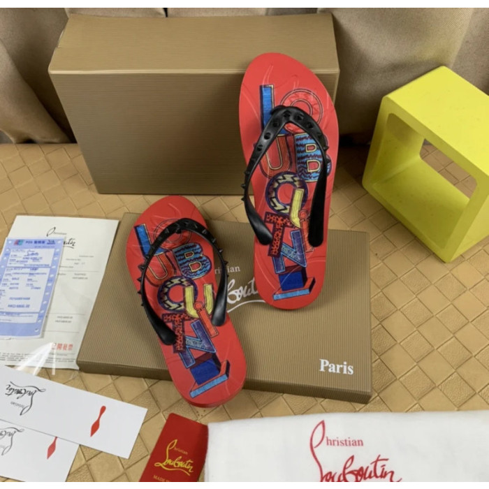 Christian Louboutin Red Graphic‑Print Studded Flip‑Flop Sandals
