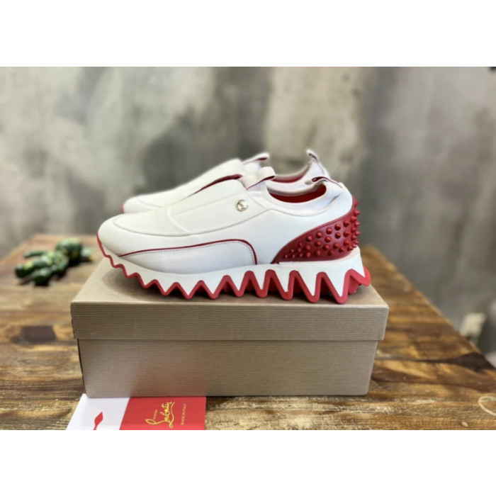 Christian Louboutin White Leather Red‑Trim Spiked Slip‑On Sneakers