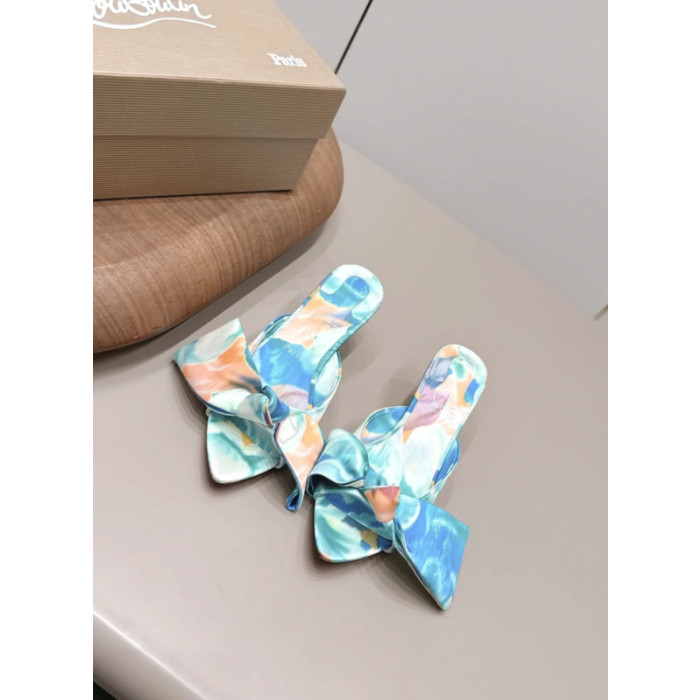 Christian Louboutin Blue‑Tone Watercolor Satin Bow Pointed Mule Kitten Heel Sandals 55mm heel