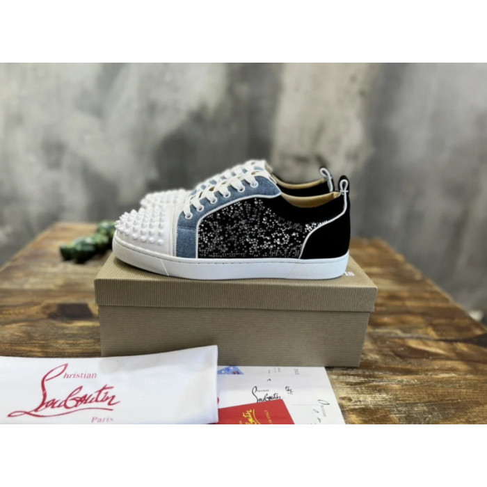 Christian Louboutin Denim Mixed‑Media Crystal Spike Low‑Top Sneakers