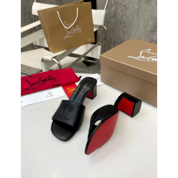 Christian Louboutin Black Leather 55mm heel Block Heel Slide Sandal
