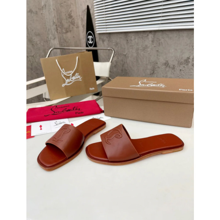 Christian Louboutin Caramel Brown Leather Stitched Logo Flat Slide Sandal