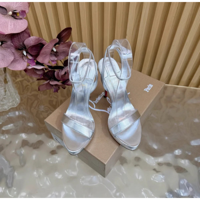 Christian Louboutin Silver Metallic Double‑Strap Platform High‑Heel Sandals 120mm heel