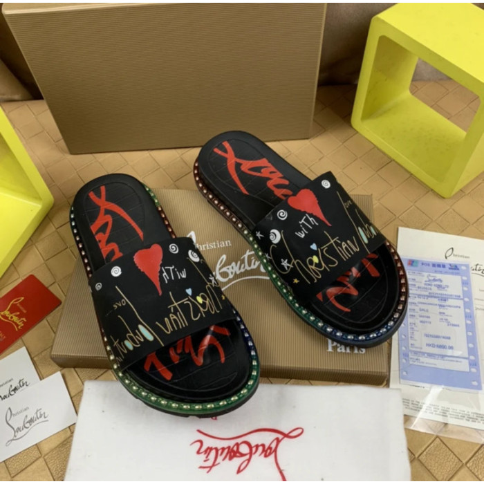 Christian Louboutin Black Heart‑Graffiti Print Slide Sandals Rainbow Crystal‑Trim Sole