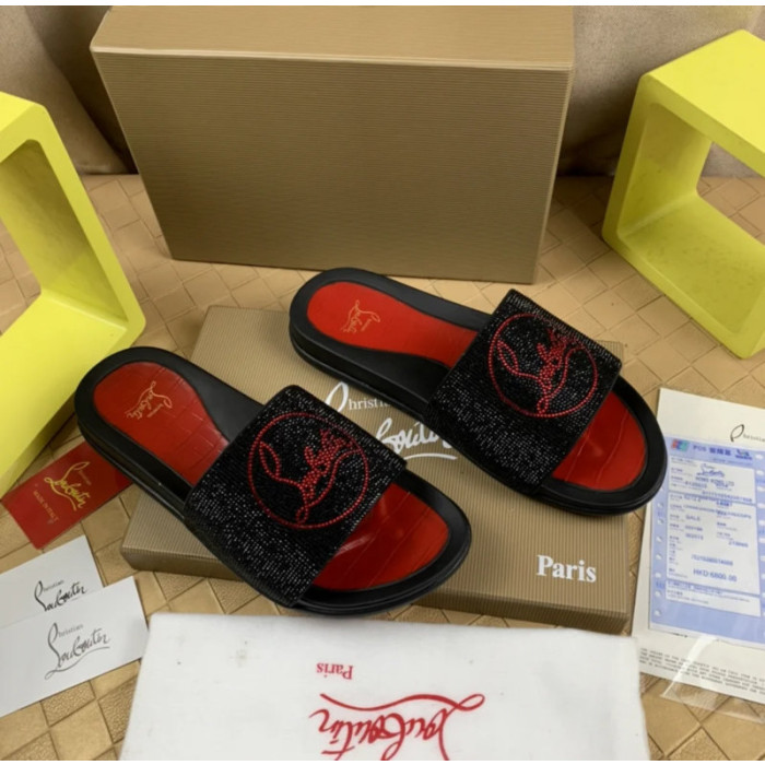 Christian Louboutin Black Crystal Slide Sandals Red Rhinestone Circular Logo