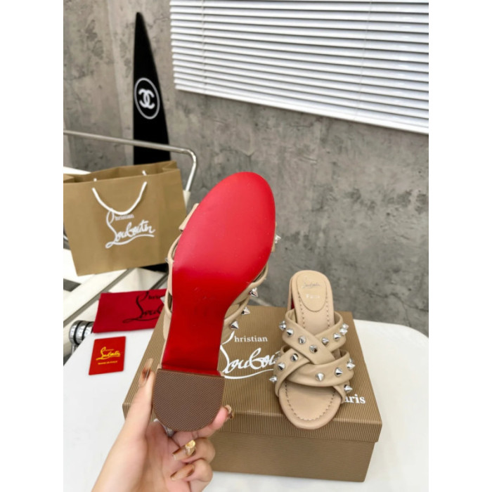 Christian Louboutin Beige Leather Studded 55mm heel Slide Sandals