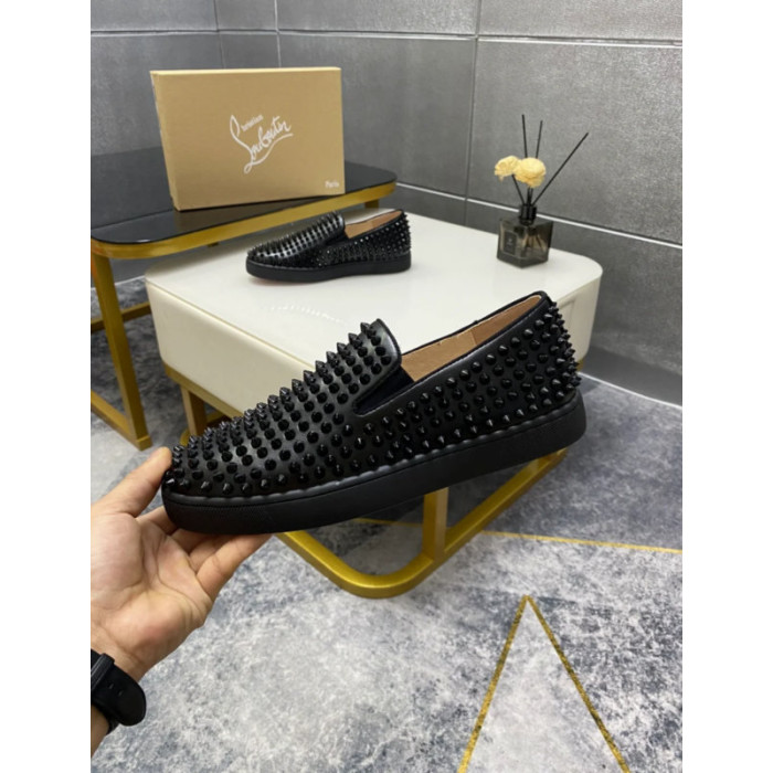 Christian Louboutin Black Leather All‑Over Spiked Slip‑On Loafers
