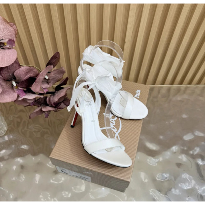 Christian Louboutin White Satin 100mm Ankle‑Wrap Tie Stiletto Sandals