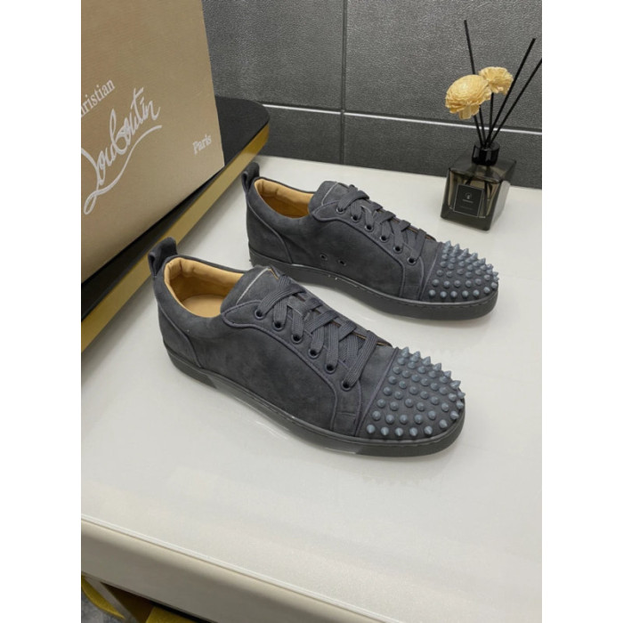 Christian Louboutin Dark Grey Suede Spiked Low‑Top Sneakers