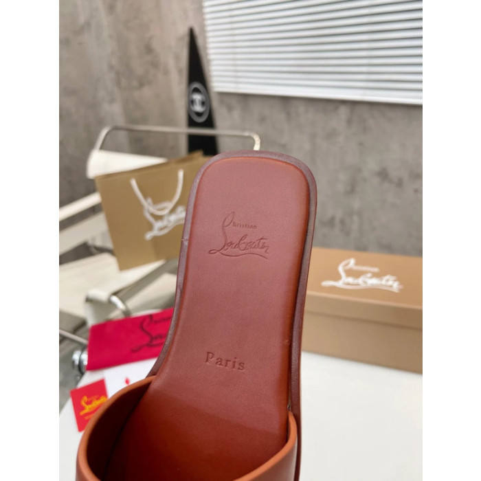 Christian Louboutin Caramel Brown Leather Stitched Logo Flat Slide Sandal