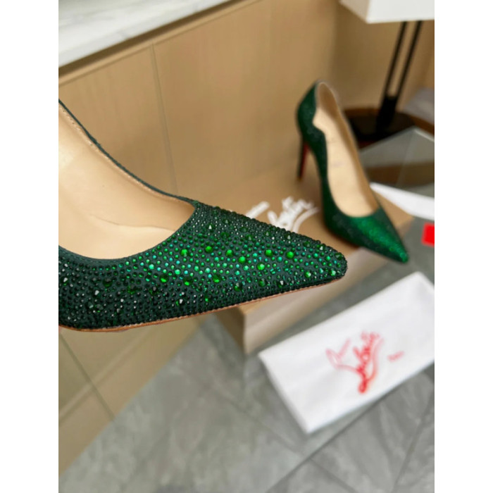Christian Louboutin Emerald Green Crystal‑Encrusted Scalloped 100mm heel Pump