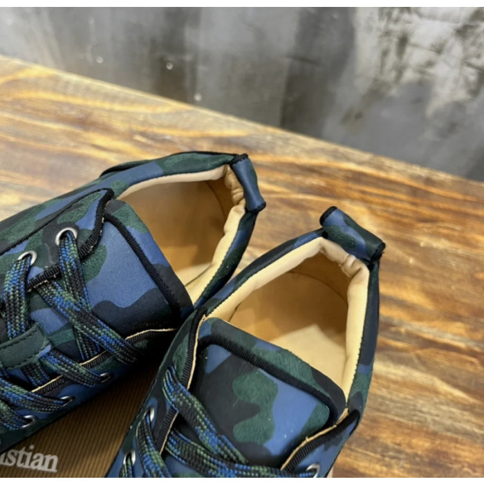Christian Louboutin Green Camouflage Gunmetal‑Spiked Low‑Top Sneakers