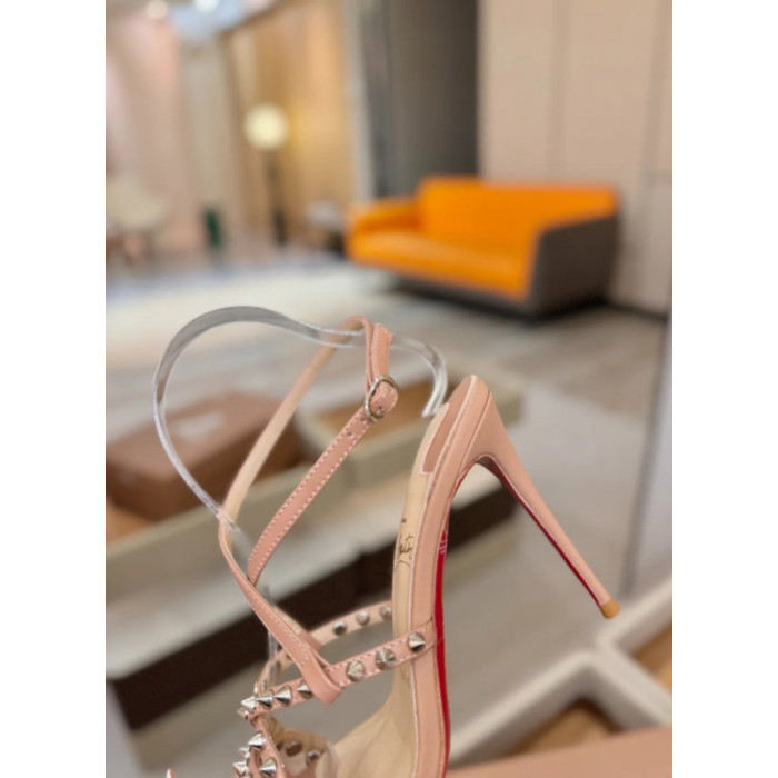 Christian Louboutin Nude Leather Studded Crisscross Slingback High Heel Sandals 100mm heel