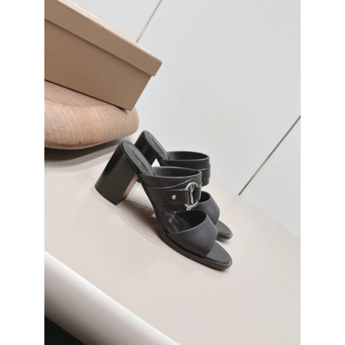 Christian Louboutin Black Leather CL‑Buckle Mule Block Heel Sandals 85mm heel