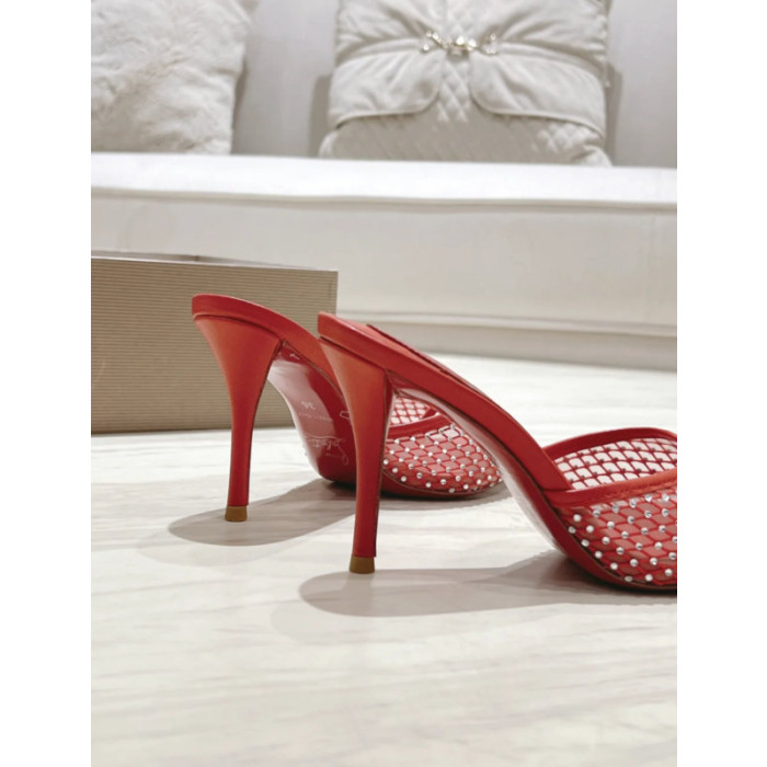Christian Louboutin Red Mesh Crystal‑Embellished 100mm Peep‑Toe Stiletto Heel Mules