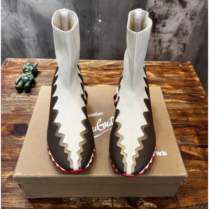 Christian Louboutin Beige‑Brown Knit Sock‑Style Shark‑Tooth Sole High‑Top Sneaker Boots
