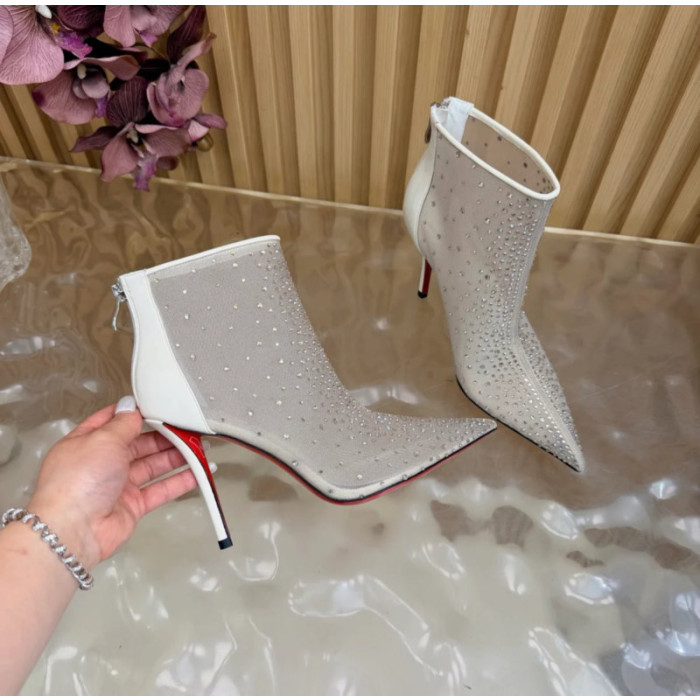 Christian Louboutin Ivory Mesh 100mm Crystal‑Embellished Pointed Toe Stiletto Heel Ankle Boots