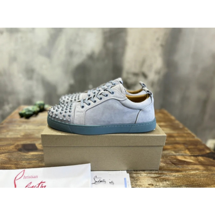 Christian Louboutin Light Grey Suede Tonal‑Spiked Low‑Top Men’s Sneakers