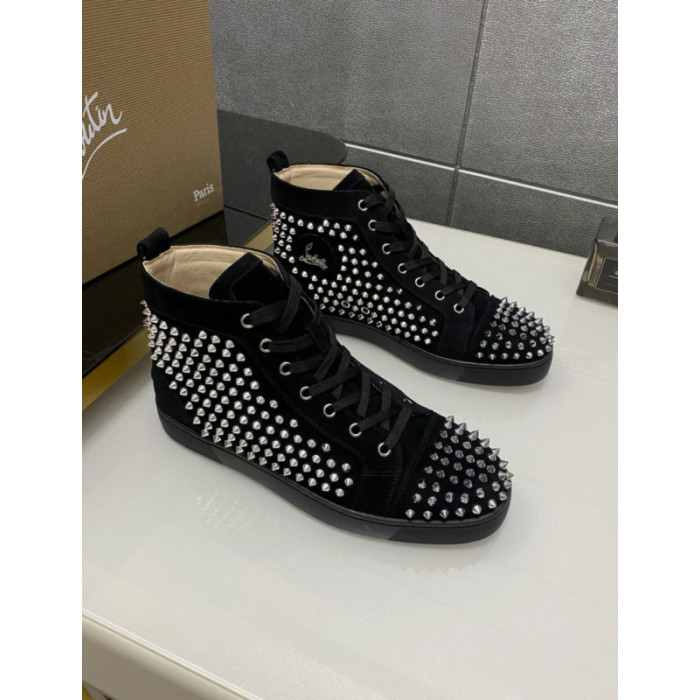 Christian Louboutin Black Suede Full Silver‑Spiked High‑Top Sneakers