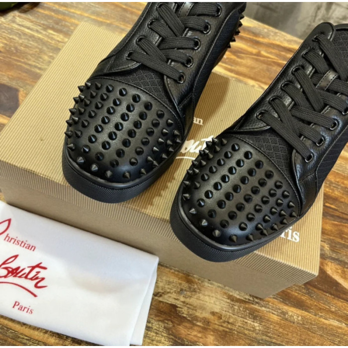 Christian Louboutin Black Mesh Leather Black‑Spiked Low‑Top Sneakers