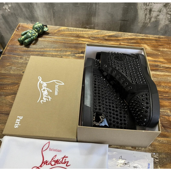 Christian Louboutin Black Glitter Spike‑Embellished High‑Top Sneakers