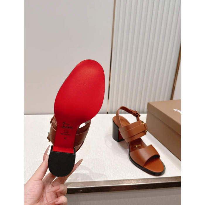 Christian Louboutin Brown Calfskin 85mm Block‑Heel Ankle‑Strap Sandals
