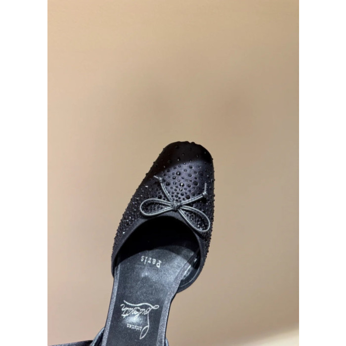 Christian Louboutin Black Crystal Embellished Satin Bow Tie‑Ankle Ballet Flats