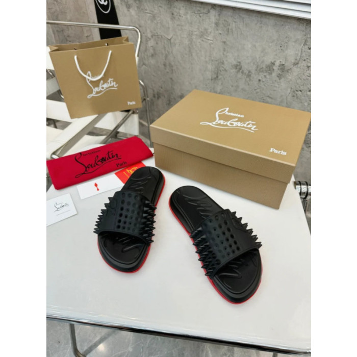 Christian Louboutin Black Rubber Spiked Slide Sandal