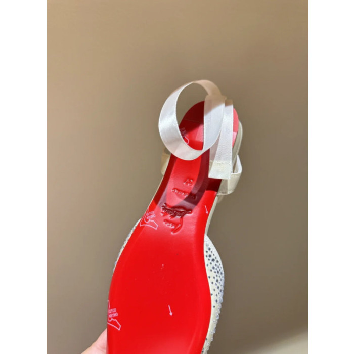Christian Louboutin Silver Satin Crystal Tie‑Ankle Ballet Flats